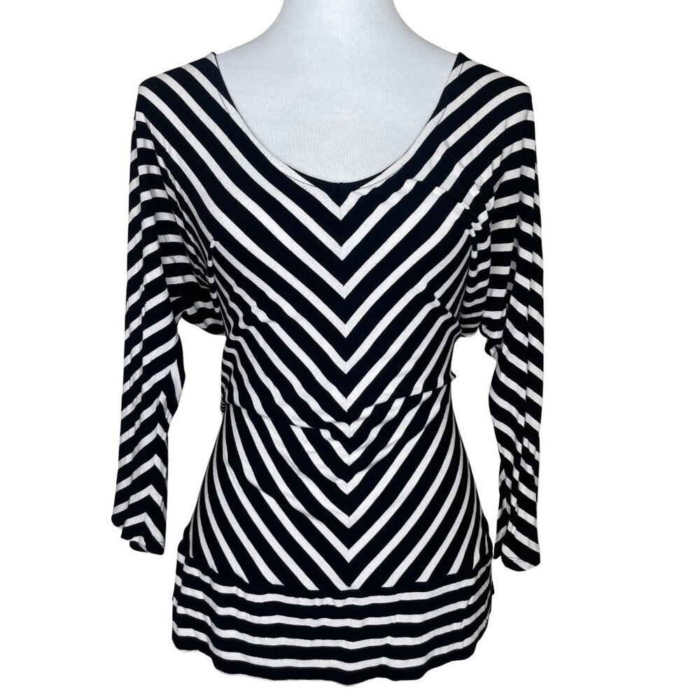 White House Black Market Chevron Stripe 3/4 Sleeve Goth Office Siren Top S - Picture 2 of 12